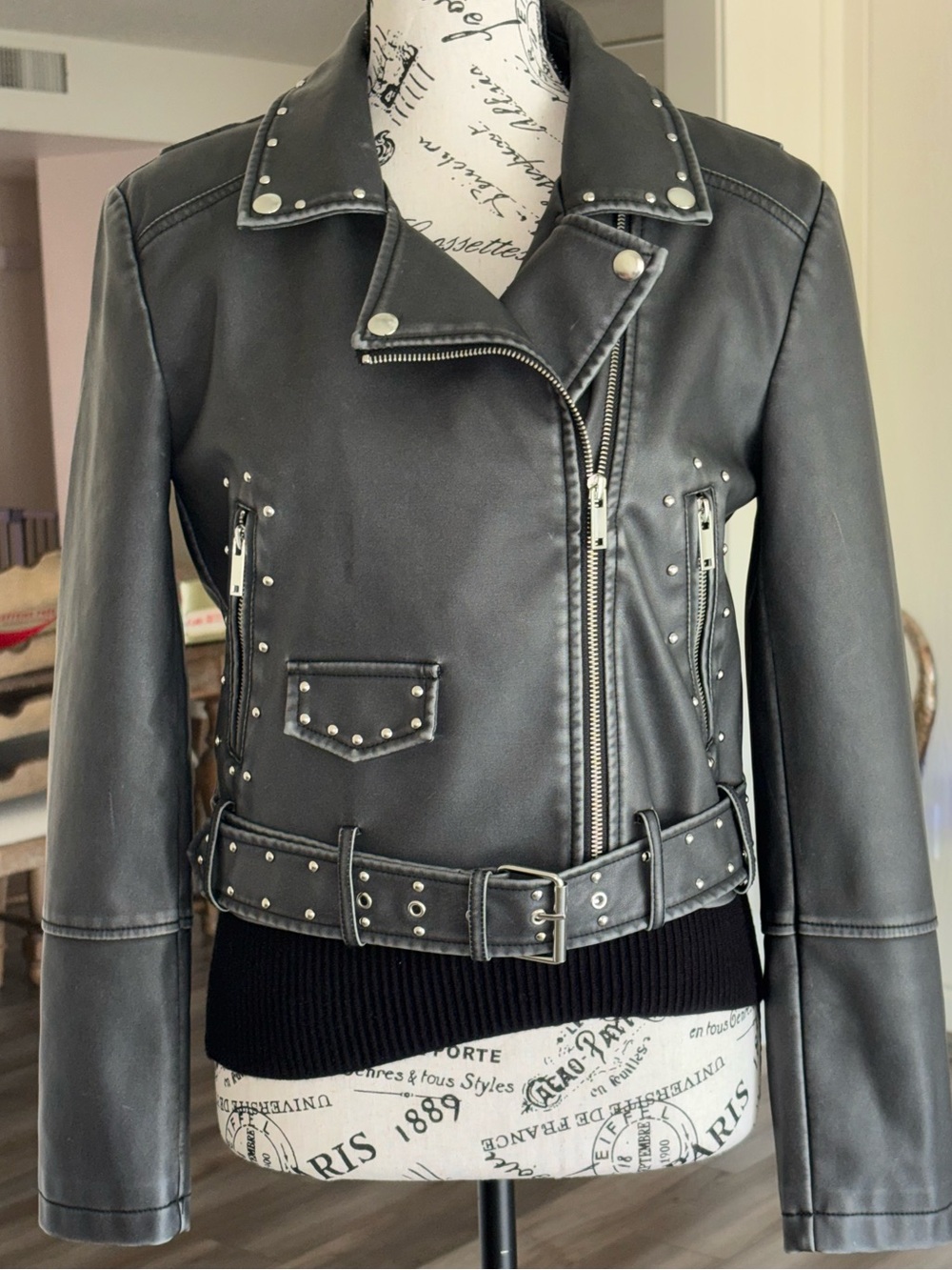 Black Studded Distressed Faux Leather Biker Jacket - Women's - XS